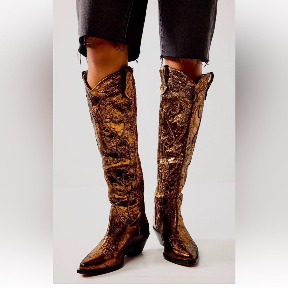 Free People Moody Metallic Cowboy Tall Western Boots Dark Gold Leather